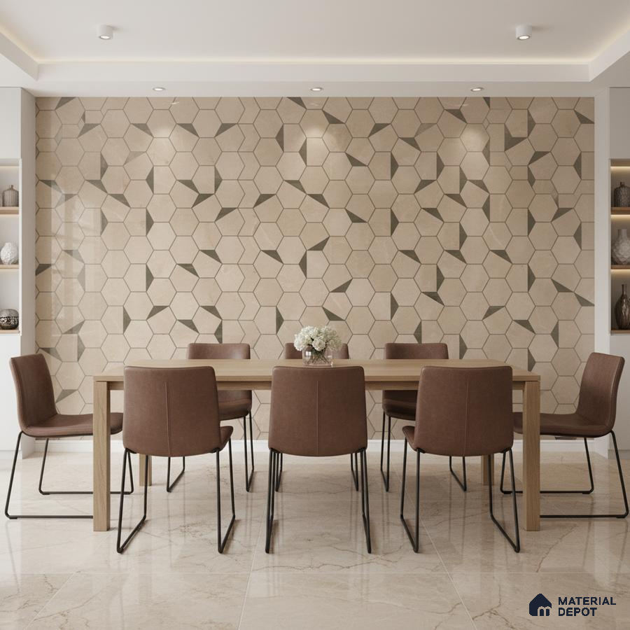 Modern dining room with geometric beige wall tiles and marble look floor tiles
