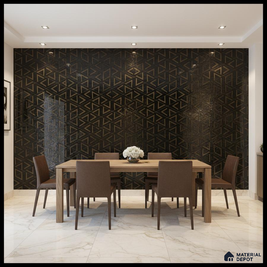 Modern dining room with geometric black and gold accent wall tile and marble floor tile