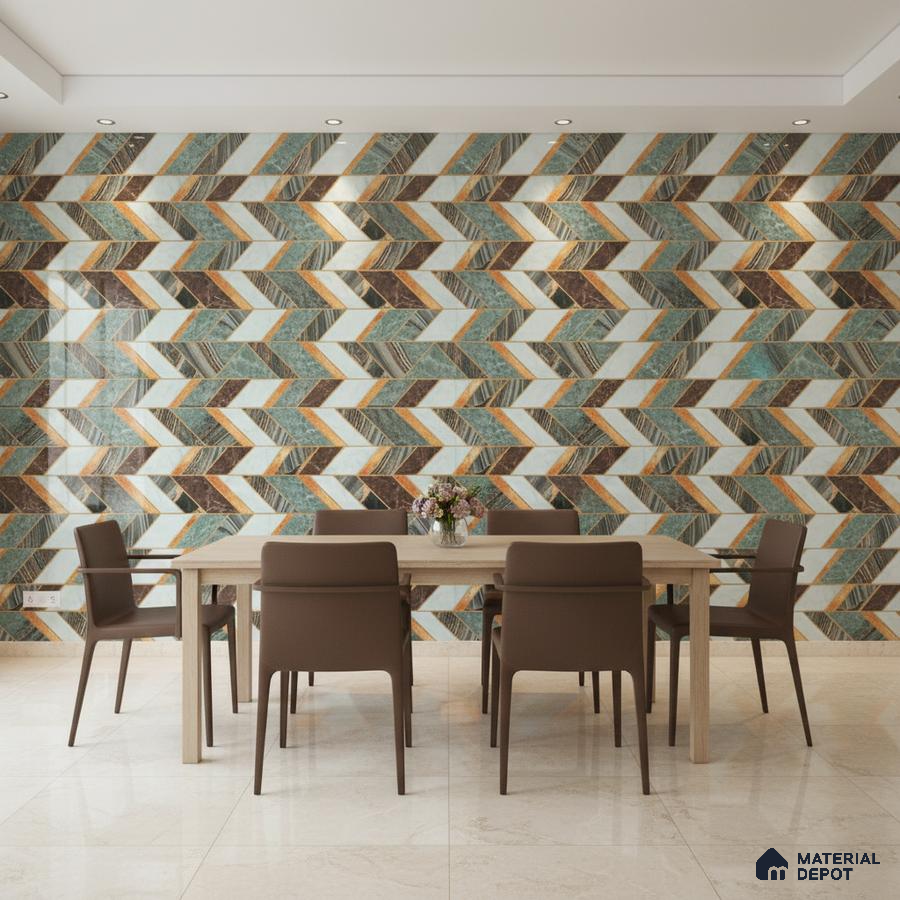 Modern dining room with geometric chevron patterned wall tiles and beige marble floor tiles