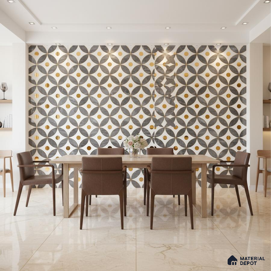 Modern dining room with geometric patterned wall tiles and beige marble floor tiles