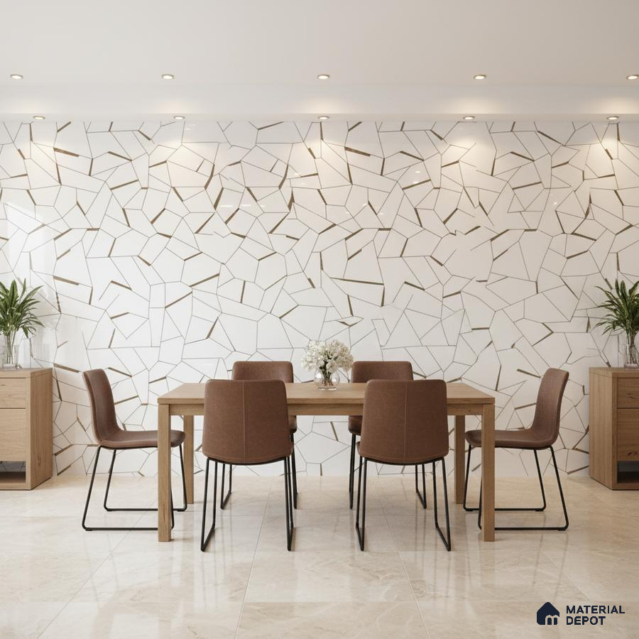 Modern dining room with geometric white wall tiles and beige marble floor tiles