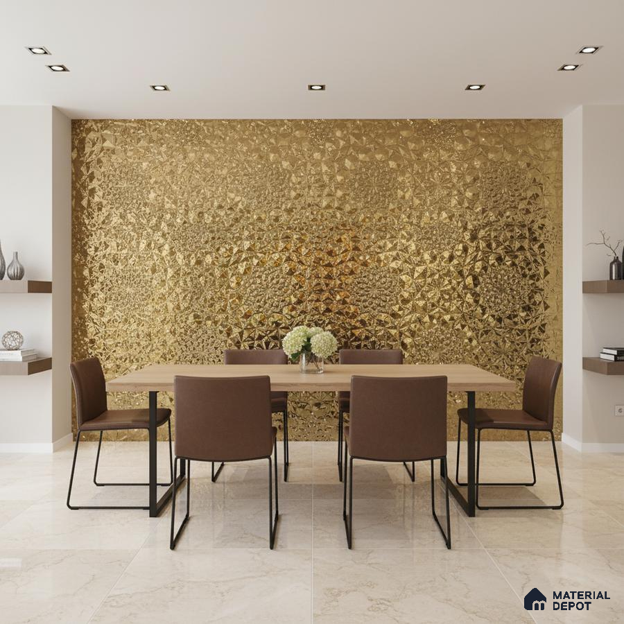 Modern dining room with gold 3D decorative wall panel and beige marble floor tile
