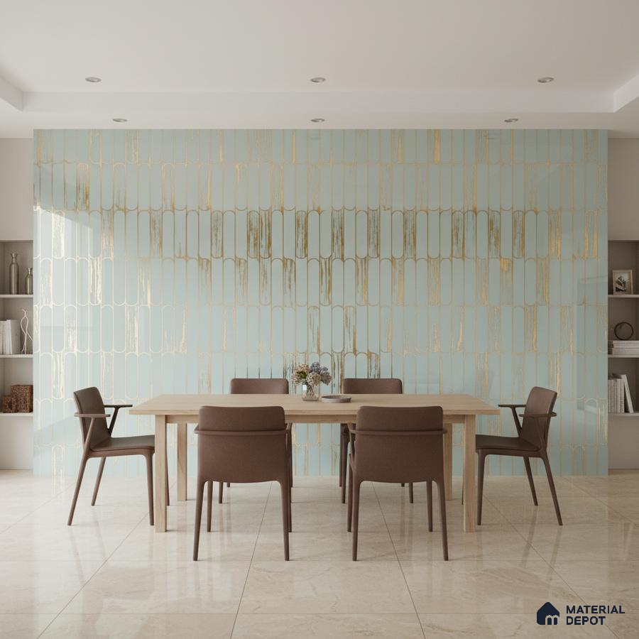Modern dining room with gold geometric patterned wallpaper and beige marble floor tiles