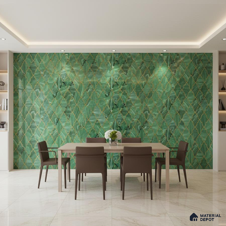 Modern dining room with green geometric patterned wall tile and ivory marble floor tile