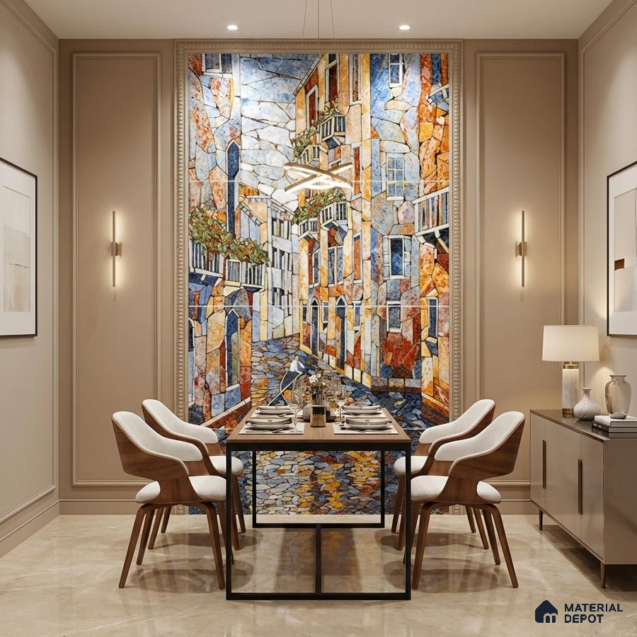 Modern dining room with mosaic mural poster wall tile accent wall and beige marble floor tiles