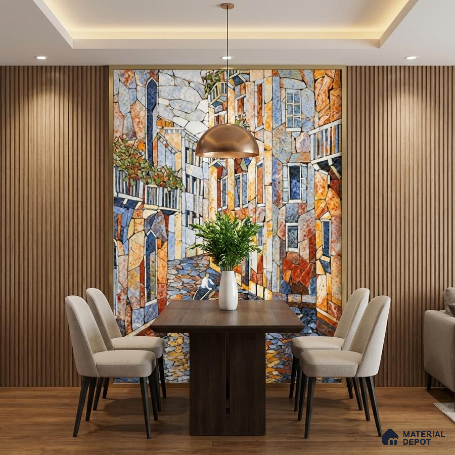 Modern dining room with mosaic mural poster wall tile accent wall, vertical wood louvers, and walnut dining table