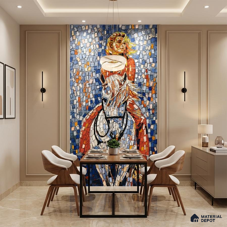 Modern dining room with mosaic poster wall tile accent wall and beige marble floor tiles