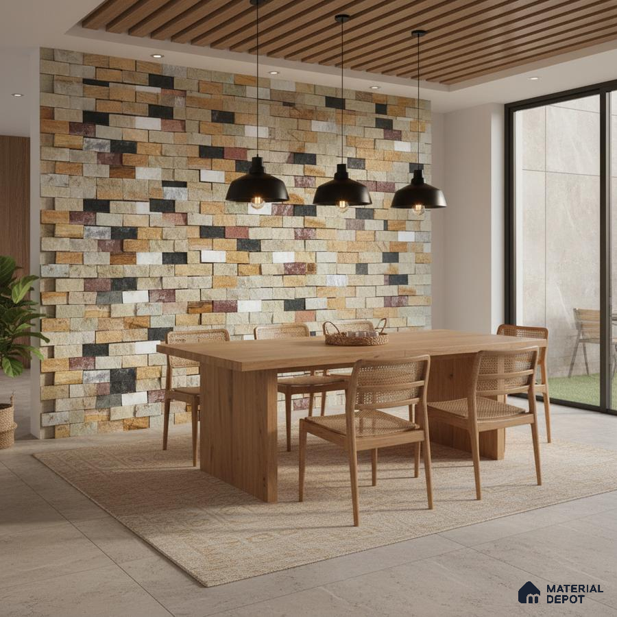 Modern dining room with multicolor stone cladding accent wall and natural wood dining set in Bengaluru