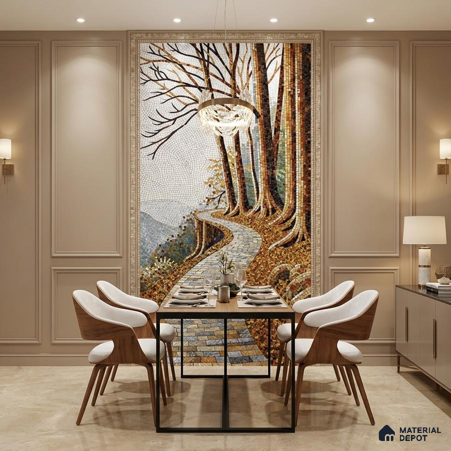 Modern dining room with nature mosaic poster wall tile and beige marble floor