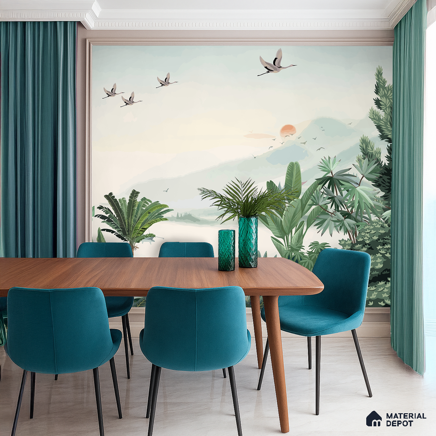 Modern dining room with nature mural wallpaper, teal upholstery, and walnut dining table in Bengaluru