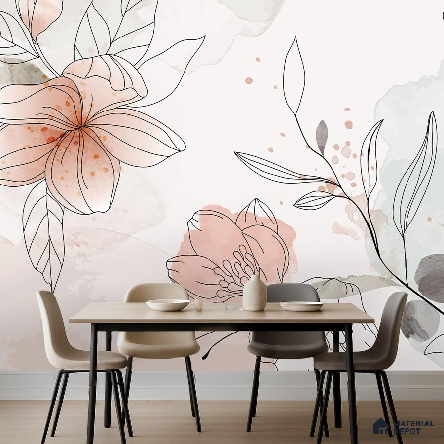 Modern dining room with pastel floral wallpaper and light wood dining table in Bengaluru