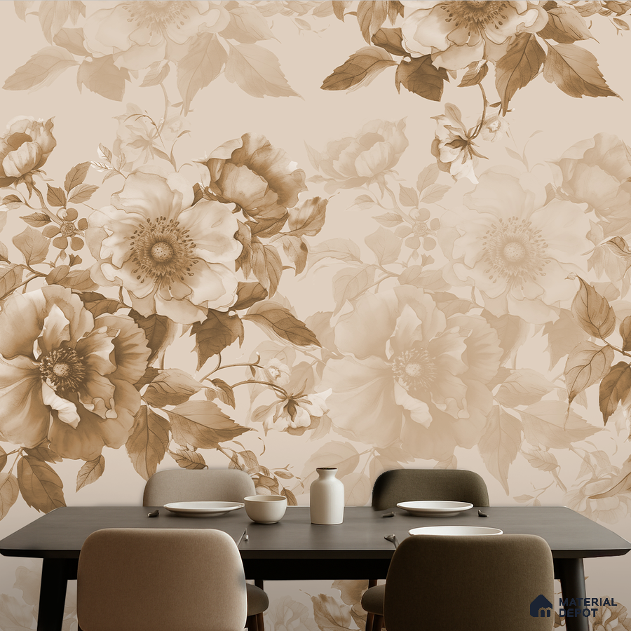 Modern dining room with sepia floral wallpaper and dark wood dining table in Bengaluru
