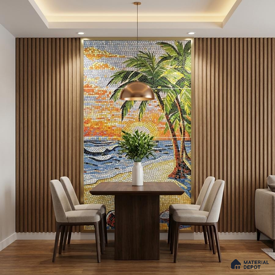 Modern dining room with tropical mosaic poster wall mural tile accent wall and walnut wood fluted panels