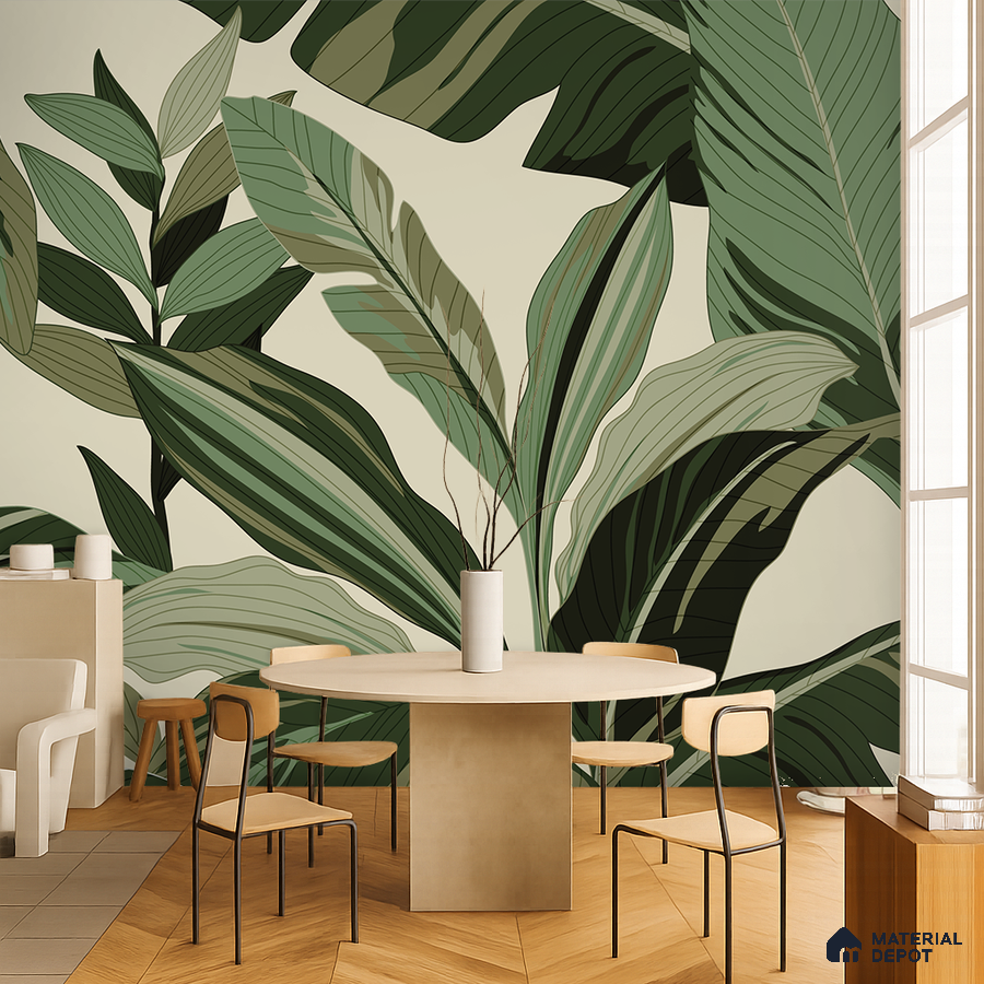 Modern dining room with tropical patterned wallpaper and light wood chevron flooring in Bengaluru