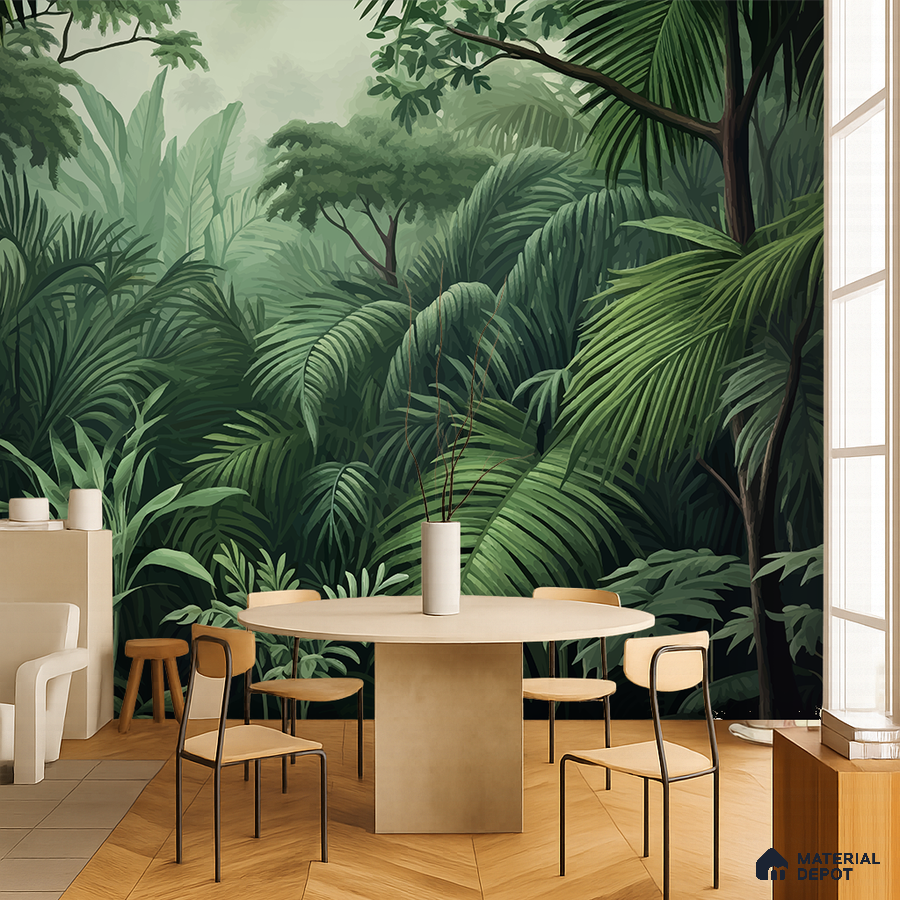 Modern dining room with tropical wallpaper and light wood chevron flooring in Bengaluru