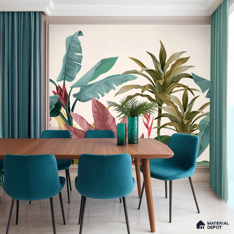 Modern dining room with tropical wallpaper, teal upholstery, and walnut wood dining table in Bengaluru