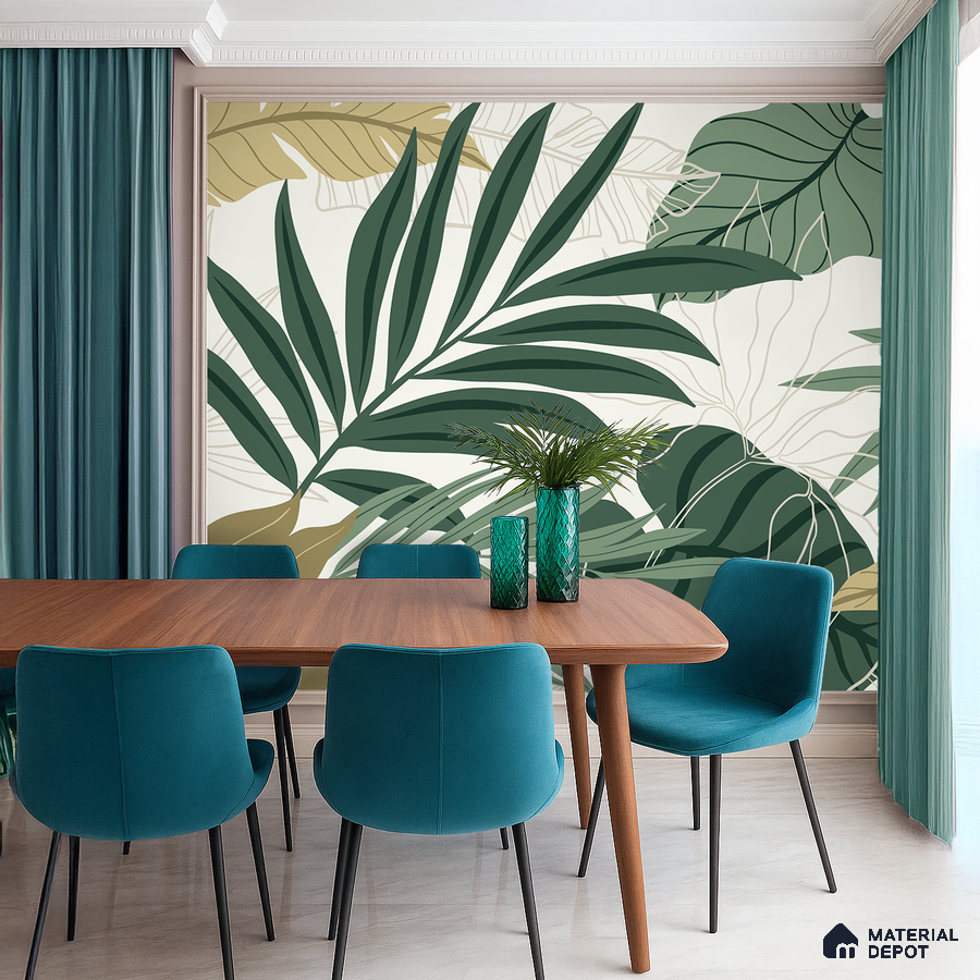 Modern dining room with tropical wallpaper, teal upholstery, and wooden dining table in Bengaluru