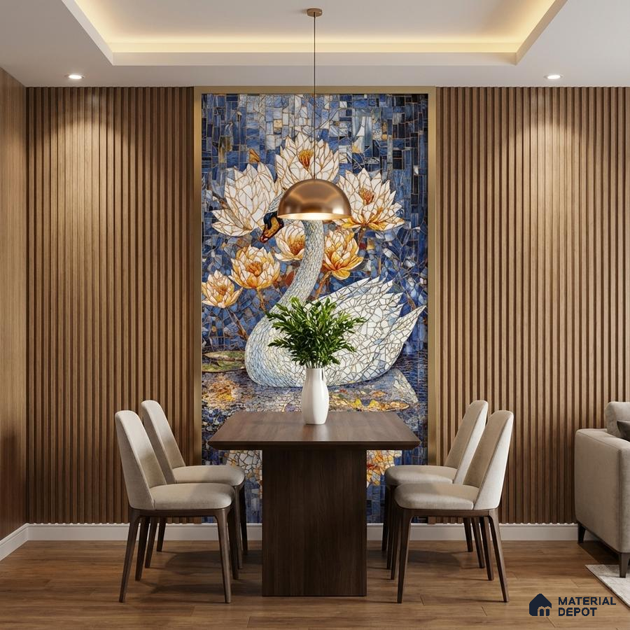 Modern dining room with wood fluted wall panels and blue swan mosaic accent wall