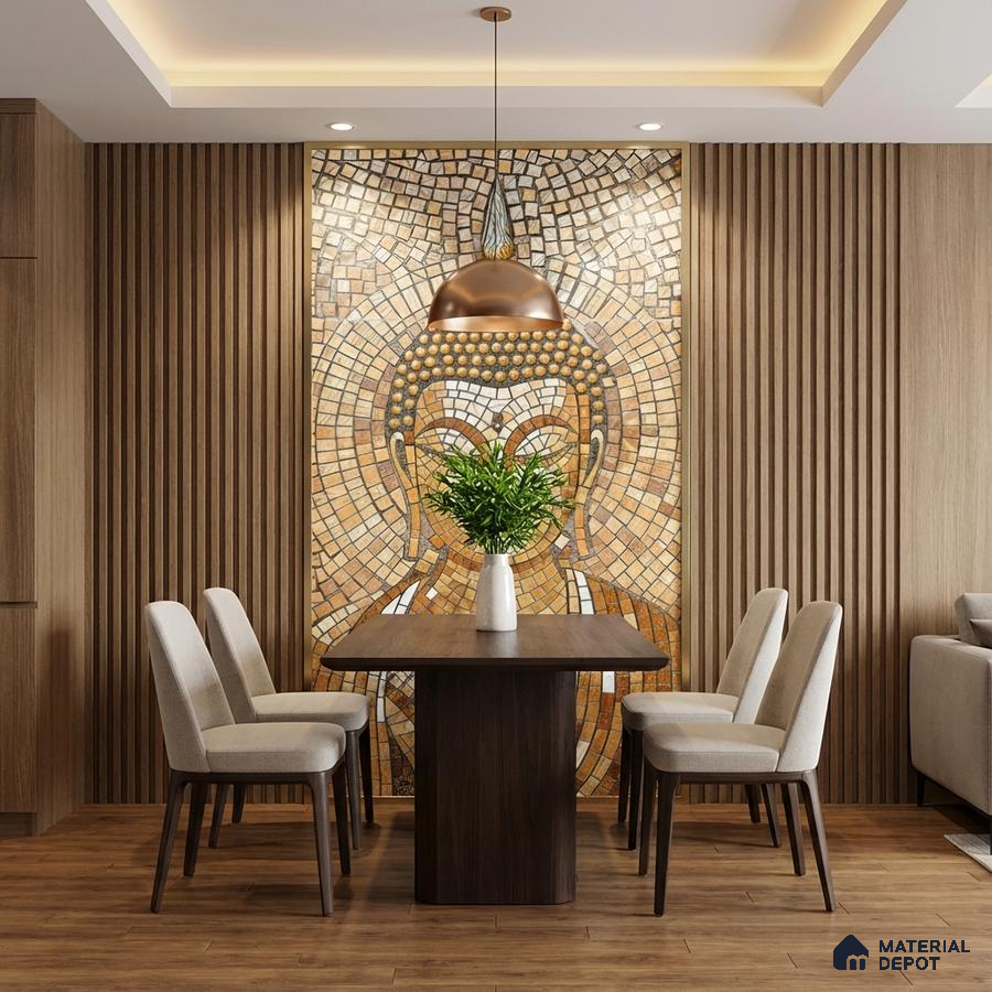 Modern dining room with wood louver panels, Buddha mosaic poster wall mural tile accent wall, and walnut wooden flooring