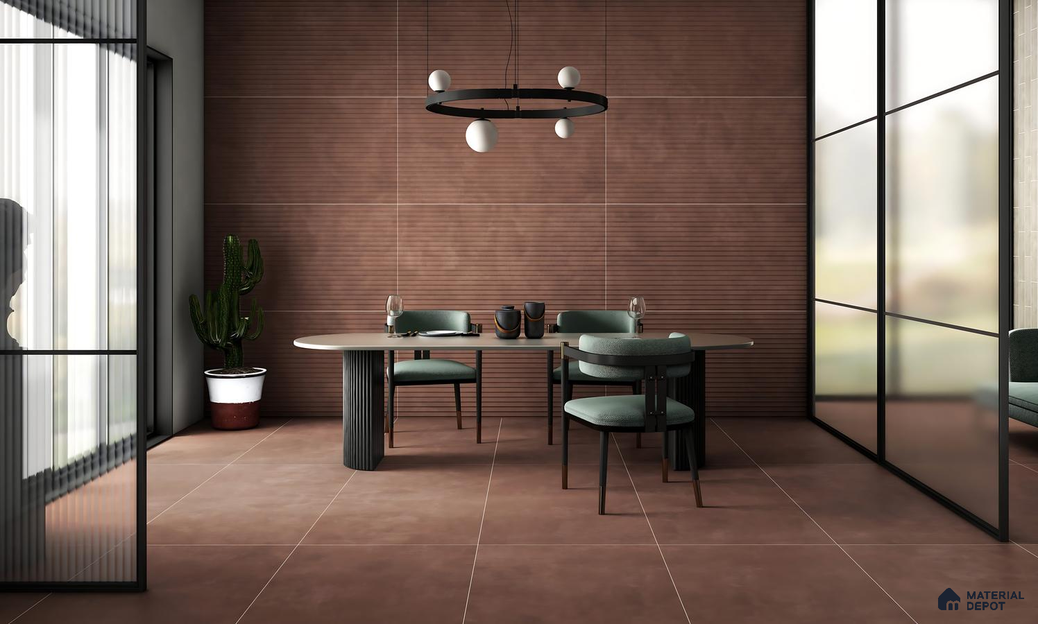 Modern Dining Space with Brown Fluted Wall Tiles and Earthy Tone Flooring – Contemporary & Stylish Design | Material Depot