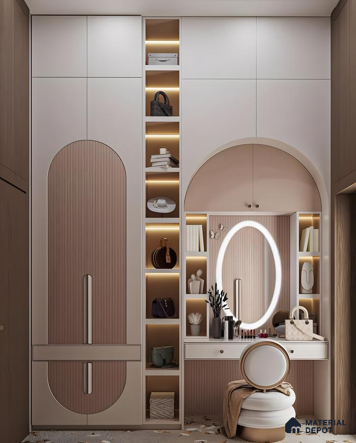 Modern Dressing Room with Arched Doors and Vanity | Material Depot