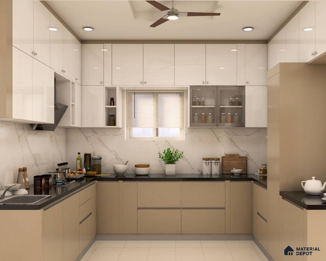 Modern dual tone kitchen with beige and frosty white high gloss laminate, marble-look backsplash, and black quartz countertop in Bengaluru | Material Depot