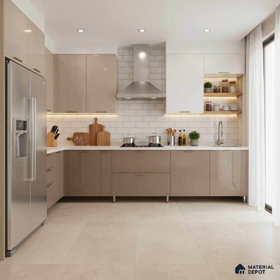 Modern dual tone kitchen with beige and frosty white high gloss laminate, white quartz countertop, and subway tile backsplash in Bengaluru