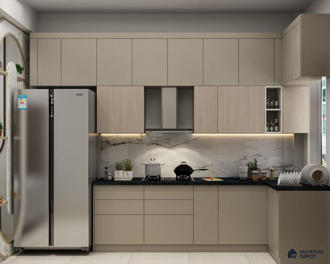 Modern dual tone kitchen with beige and light oak laminate, marble-look backsplash, and black granite countertop in Bengaluru | Material Depot