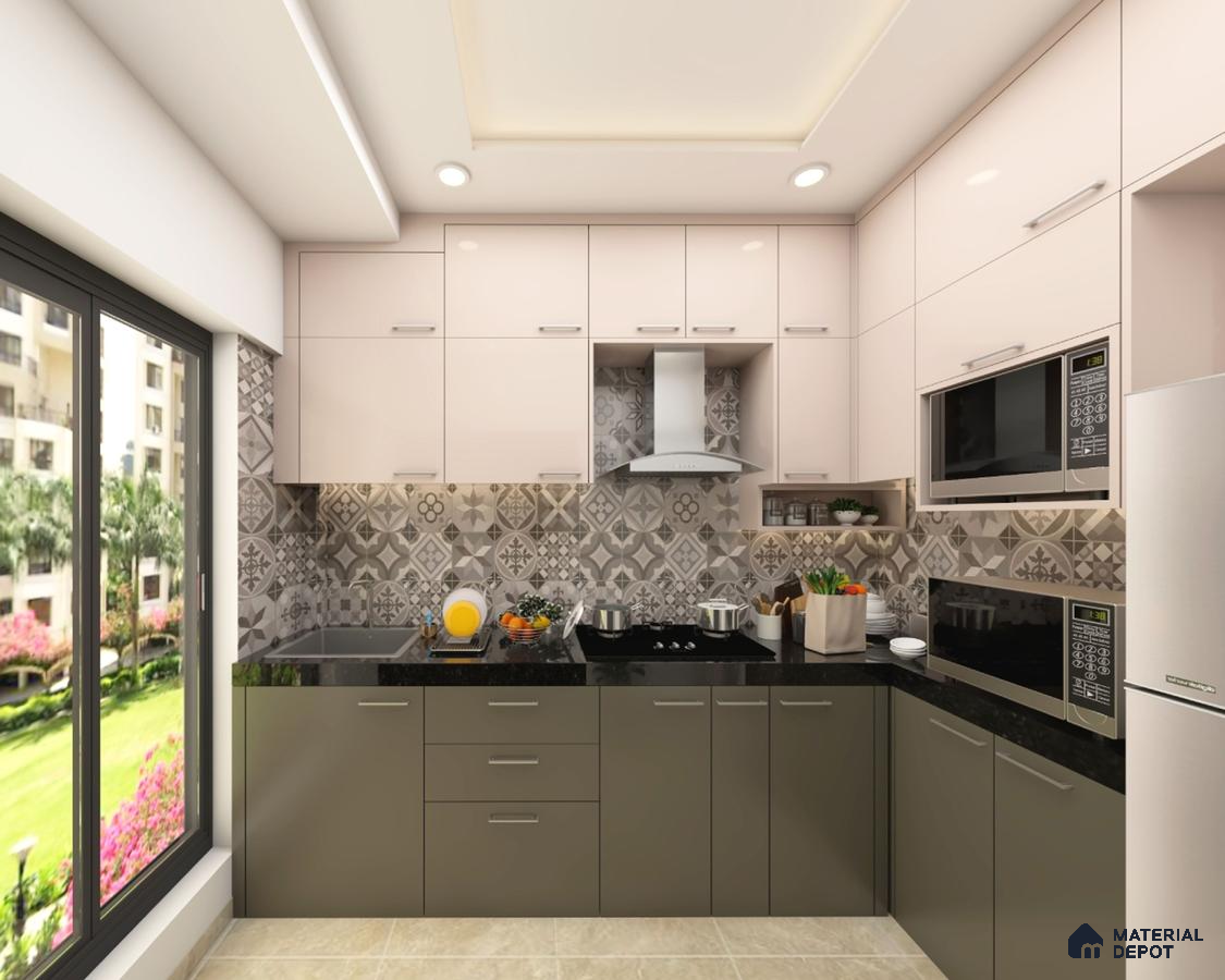 Modern dual tone kitchen with beige and olive laminate, black granite countertop, and patterned grey backsplash tiles in Bengaluru | Material Depot