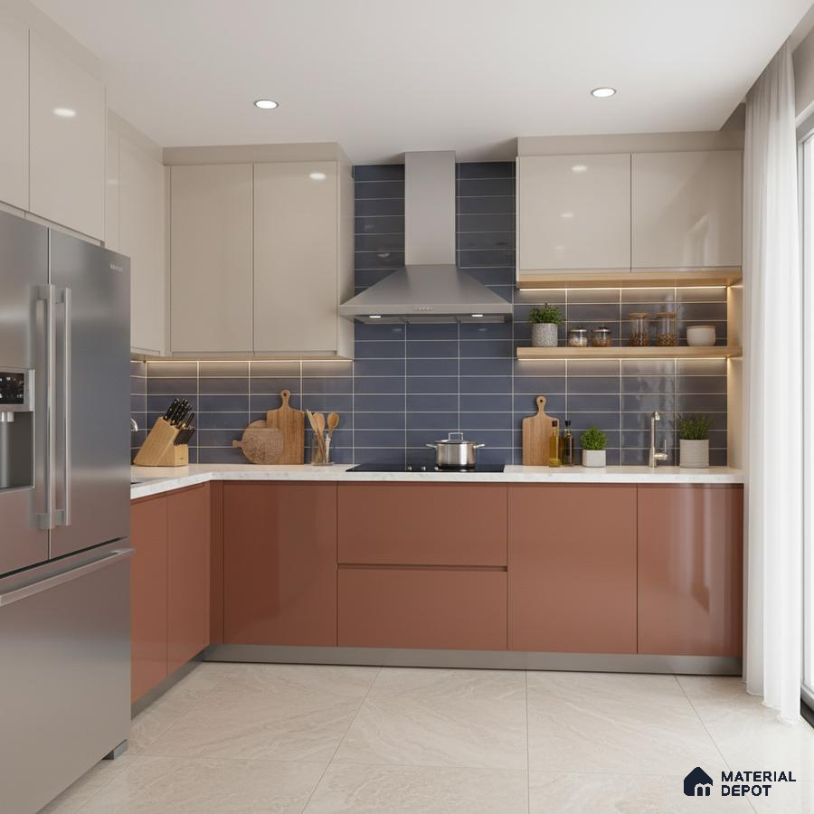 Modern dual tone kitchen with beige and terracotta laminate, blue subway backsplash tile, and white quartz countertop in Bengaluru
