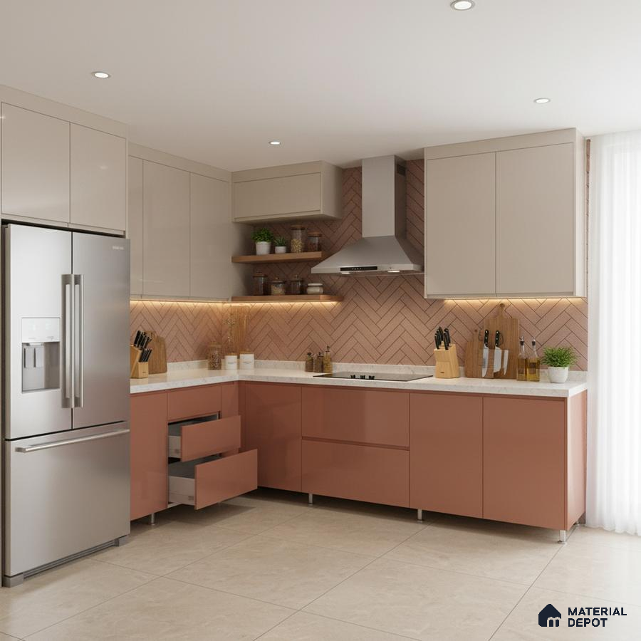 Modern dual tone kitchen with beige and terracotta laminate, white quartz countertop, and herringbone peach backsplash tile in Bengaluru