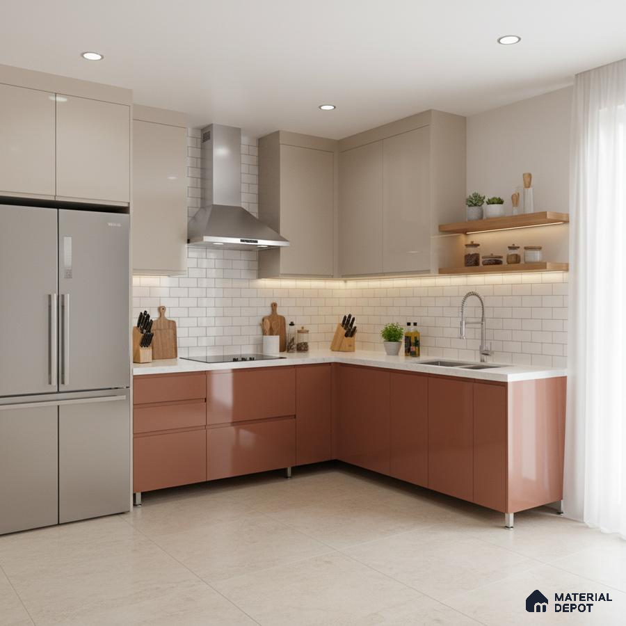 Modern dual tone kitchen with beige and terracotta laminate, white quartz countertop, and subway tile backsplash in Bengaluru