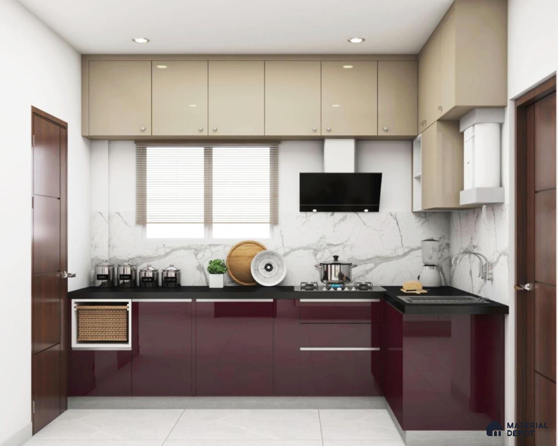 Modern dual tone kitchen with beige and wine high gloss laminate, marble-look backsplash, and black countertop in Bengaluru | Material Depot