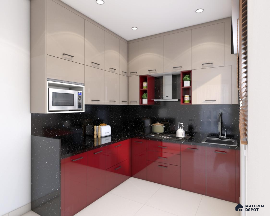 Modern dual tone kitchen with beige and wine red high gloss laminate, black quartz countertop and backsplash in Bengaluru | Material Depot