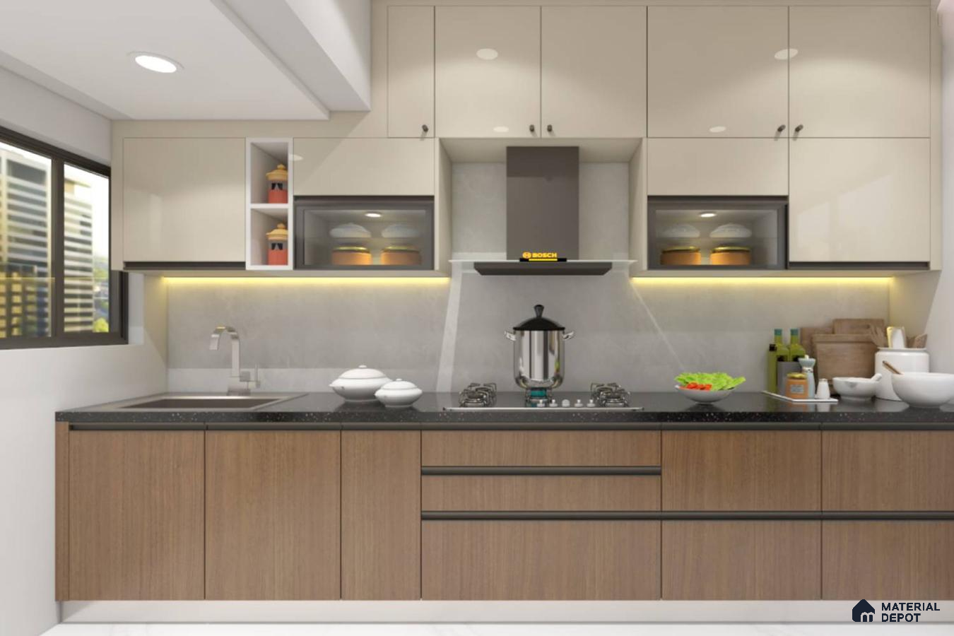 Modern dual tone kitchen with beige high gloss laminate, walnut wood laminate, and black quartz countertop in Bengaluru | Material Depot