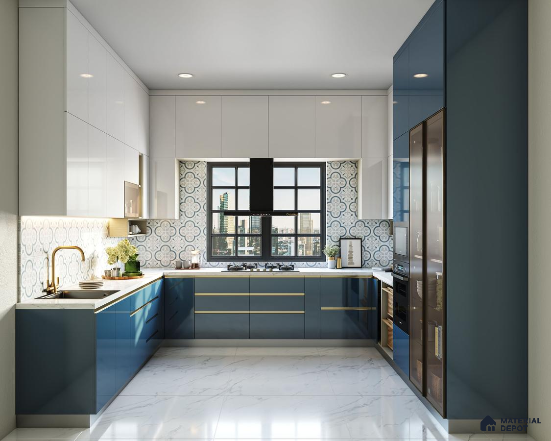 Modern dual tone kitchen with blue and frosty white high gloss laminate, patterned backsplash tile, and white marble floor tile in Bengaluru | Material Depot