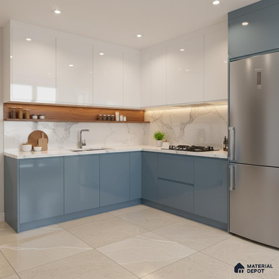 Modern dual tone kitchen with blue and white high gloss laminate, marble backsplash, and beige marble floor tile in Bengaluru