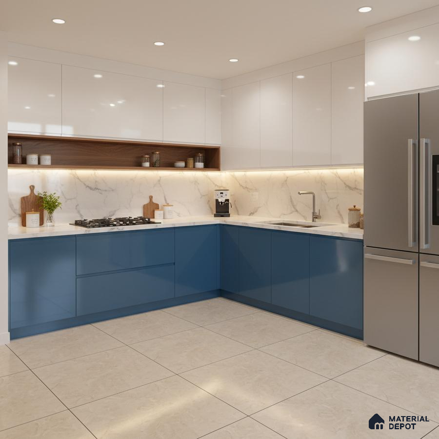 Modern dual tone kitchen with blue and white high gloss laminate, marble-look backsplash, and white quartz countertop in Bengaluru