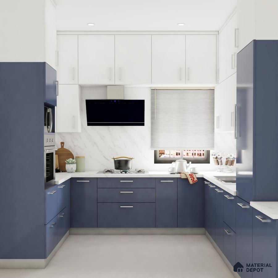 Modern dual tone kitchen with blue and white laminate cabinets and white marble backsplash in Bengaluru | Material Depot