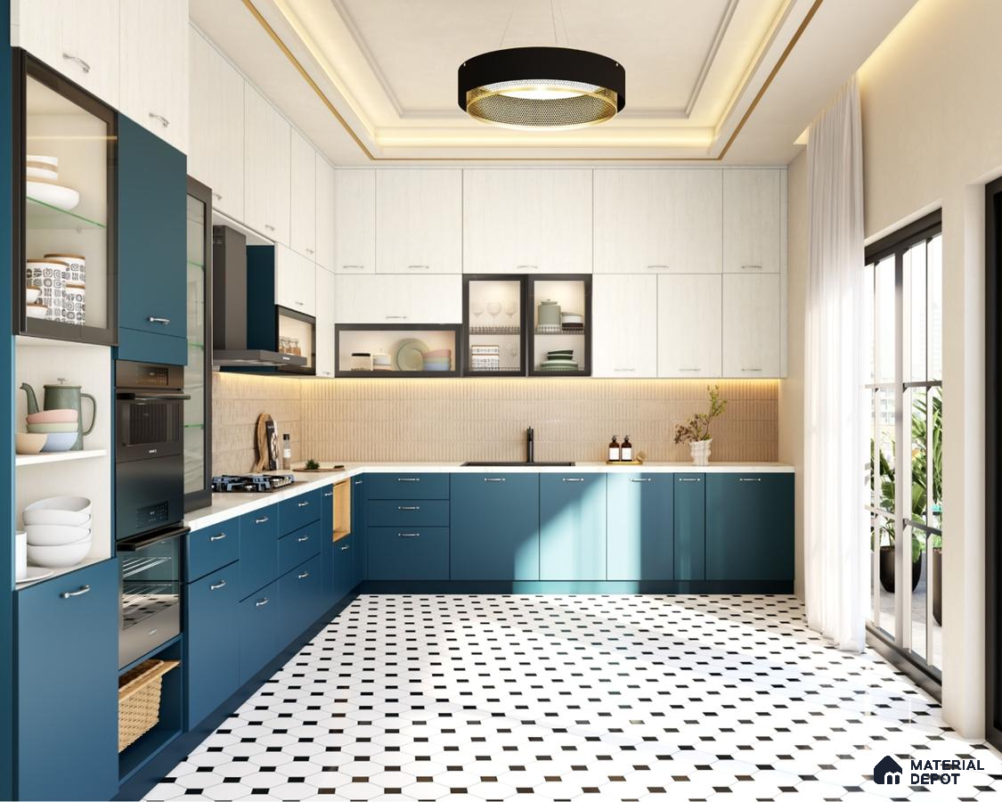 Modern dual tone kitchen with blue and white laminate cabinets, white quartz countertop, and geometric black-and-white floor tiles in Bengaluru | Material Depot
