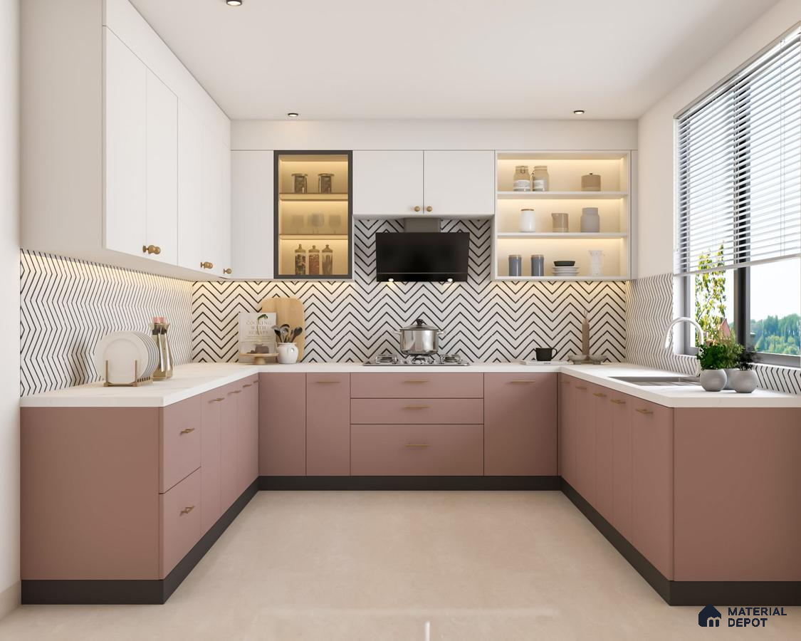 Modern dual tone kitchen with blush pink and frosty white laminate, chevron backsplash tile, and white quartz countertop in Bengaluru | Material Depot