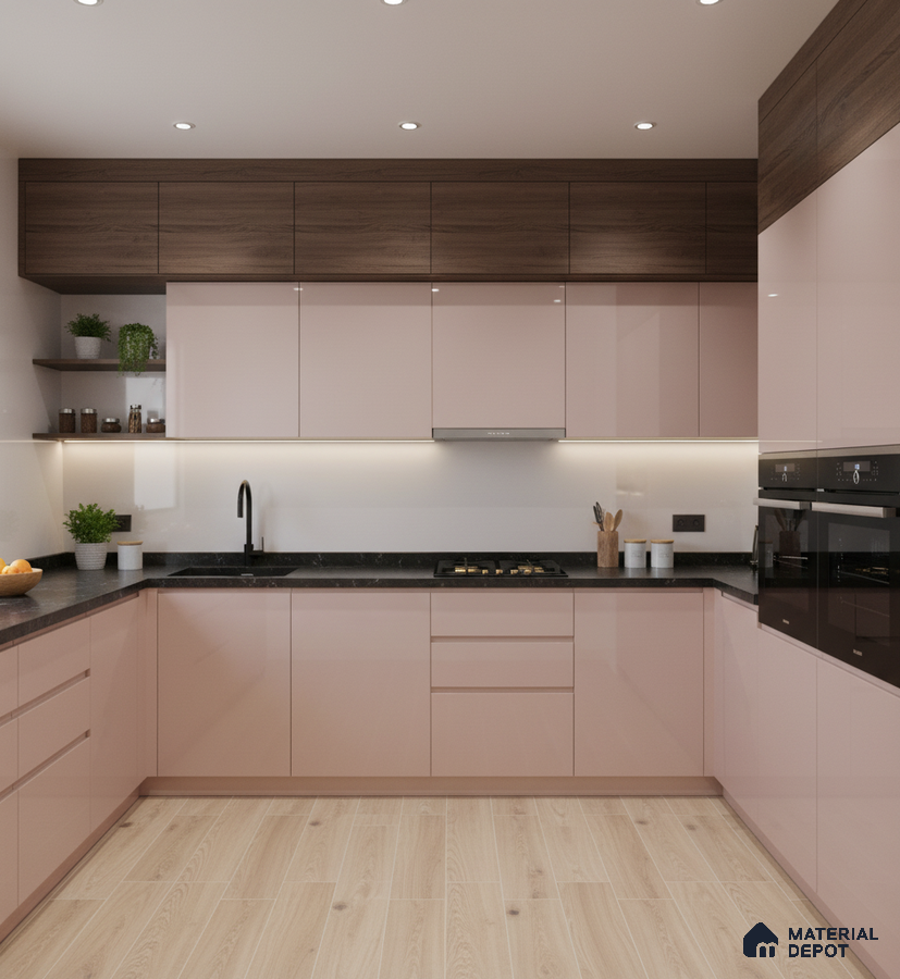 Modern dual tone kitchen with blush pink high gloss laminate and walnut wood laminate cabinets in Bengaluru