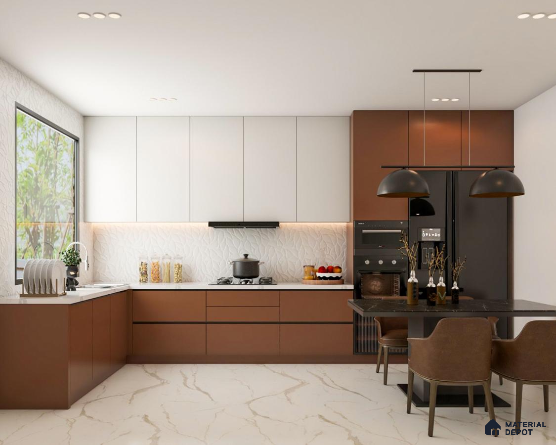 Modern dual tone kitchen with brown and frosty white laminate, white textured backsplash tile, and marble look floor tile in Bengaluru | Material Depot
