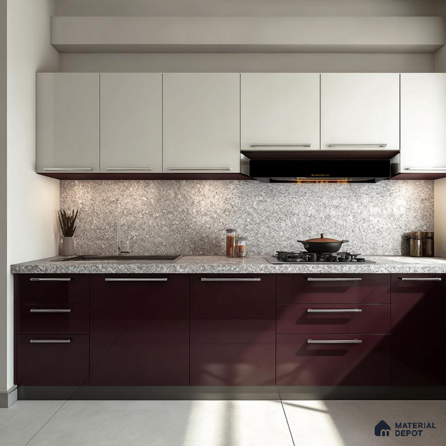 Modern dual tone kitchen with burgundy high gloss laminate, frosty white laminate, and grey granite backsplash in Bengaluru | Material Depot