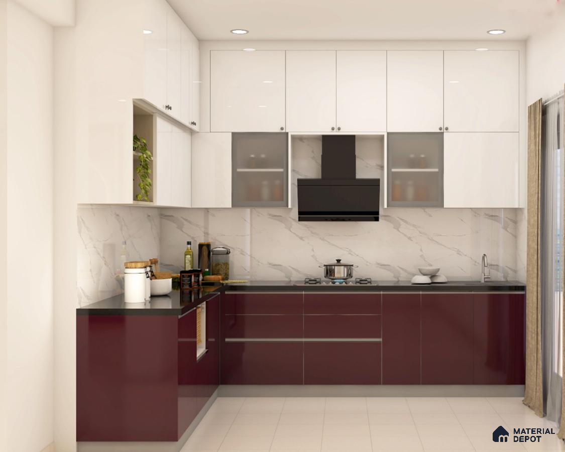 Modern dual tone kitchen with burgundy high gloss laminate, frosty white laminate, and marble-look backsplash in Bengaluru | Material Depot