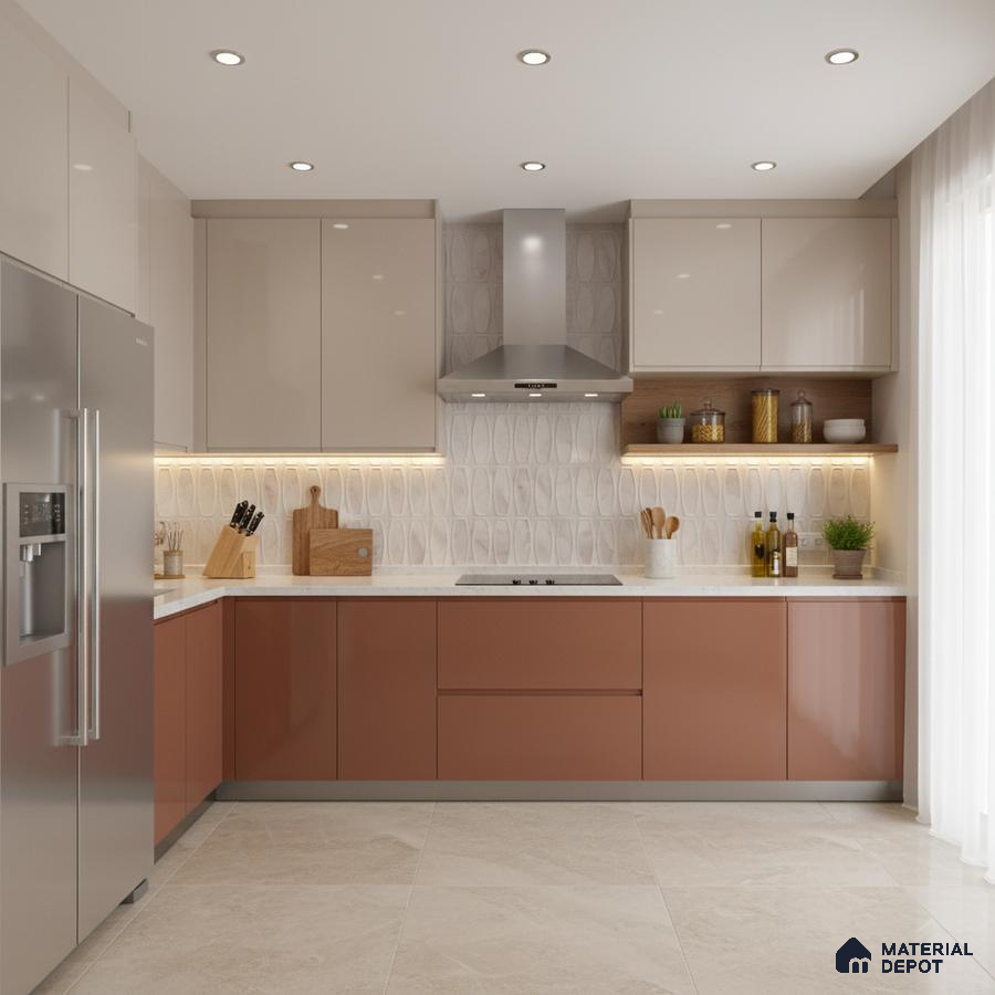 Modern dual tone kitchen with cappuccino and terracotta laminate, white quartz countertop, and patterned backsplash tile in Bengaluru