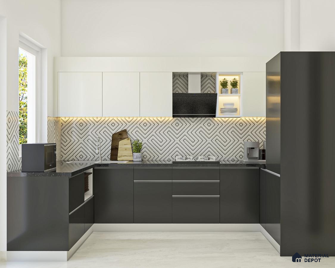 Modern dual tone kitchen with frosty white and graphite grey laminate, geometric patterned backsplash tile, and black quartz countertop in Bengaluru | Material Depot