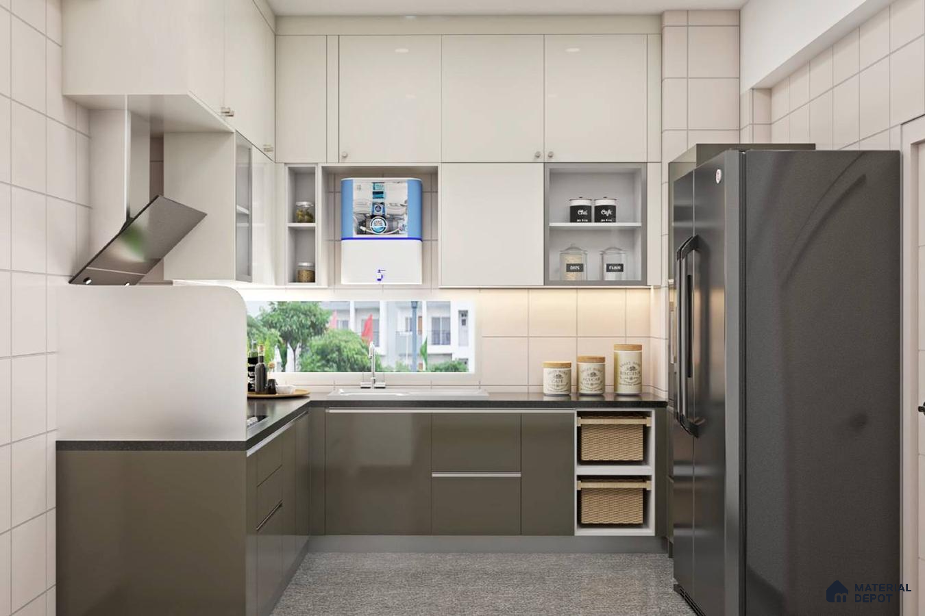 Modern dual tone kitchen with frosty white and olive green laminate, black quartz countertop, and tiled backsplash in Bengaluru | Material Depot