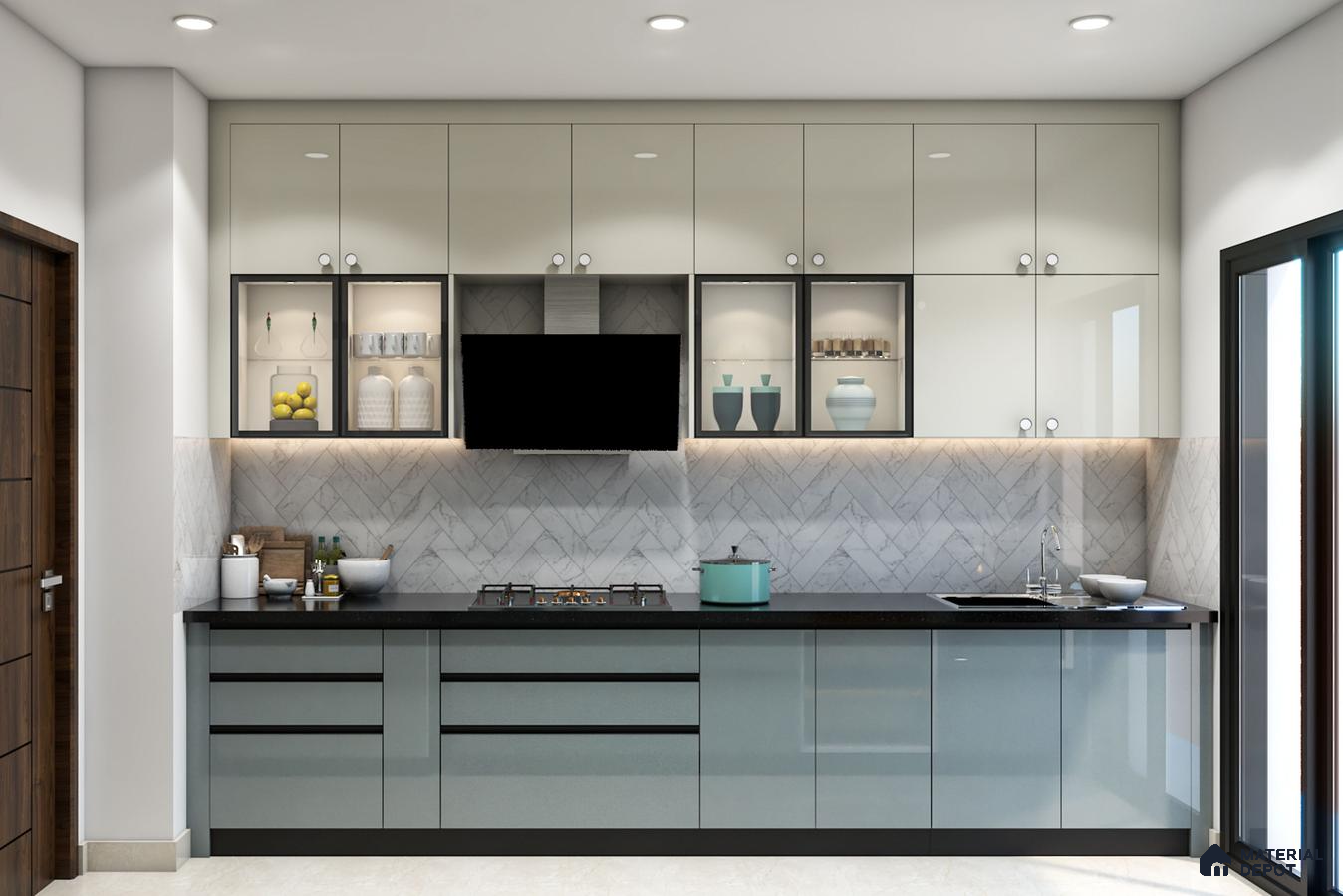 Modern dual tone kitchen with frosty white and pastel blue glossy laminates, black quartz countertop, and marble herringbone backsplash tile in Bengaluru | Material Depot