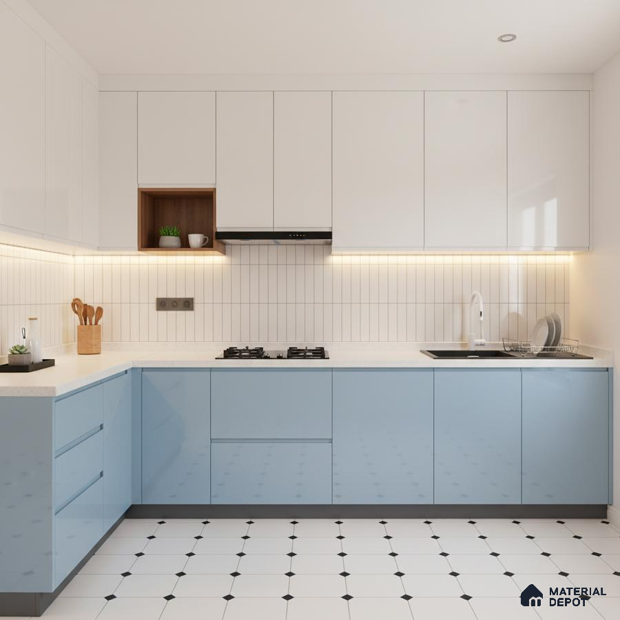 Modern dual tone kitchen with frosty white and pastel blue high gloss laminate, white quartz countertop, and geometric floor tiles in Bengaluru